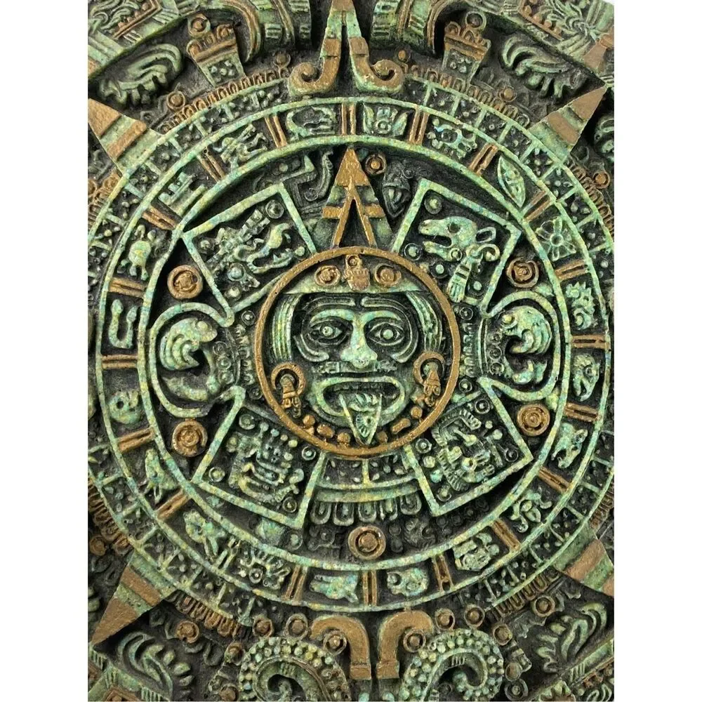 Vintage Large Engraved Mayan Aztec Calendar Sun Malachite Stone Wall Panel 11.5